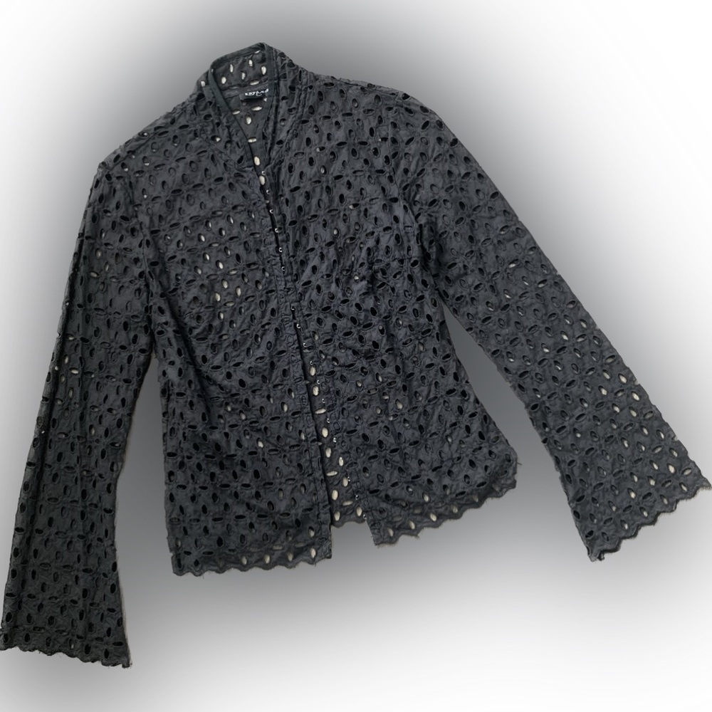 Vintage Kay Celine black cotton floral eyelet embroidered hook blouse